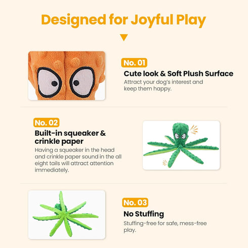 HGB Large Squeaky Dog Toys - Octopus No Stuffing Crinkle Plush, 2 Pack, for Small, Medium, and Large Breeds