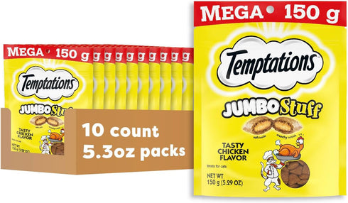 Temptations Jumbo Stuffed Cat Treats, Crunchy and Soft Cat Treats, Tasty Chicken