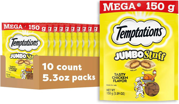 Temptations Jumbo Stuffed Cat Treats, Crunchy and Soft Cat Treats, Tasty Chicken