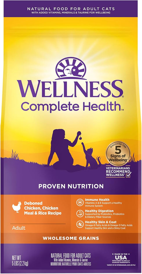 Wellness Complete Health Natural Dry Cat Food with Wholesome Grains, Real Meat (Adult Cat, Chicken & Chicken Meal