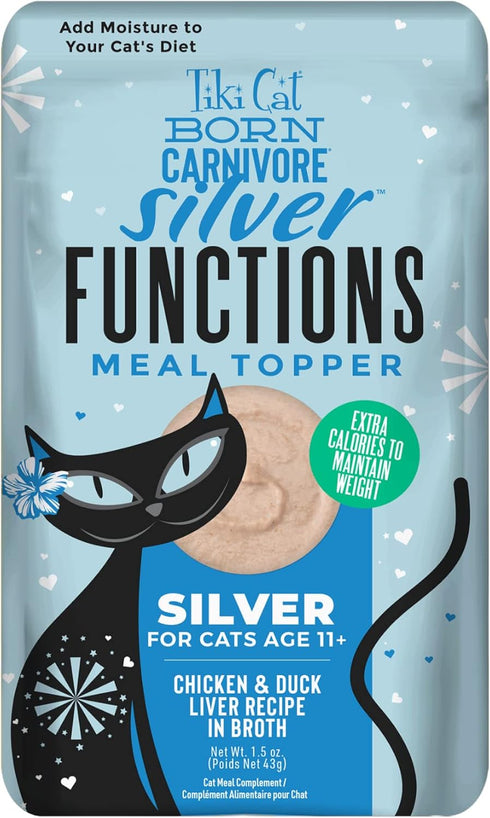 Tiki Cat Born Carnivore Functions Silver, Chicken & Duck Liver Recipe in Broth, High Protein Mousse Cat Food Topper for
