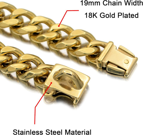 18K Gold Dog Chain Collar, Metal Chain with Secure Buckle, Cuban Link Heavy Duty Chew Proof for Dogs (22")