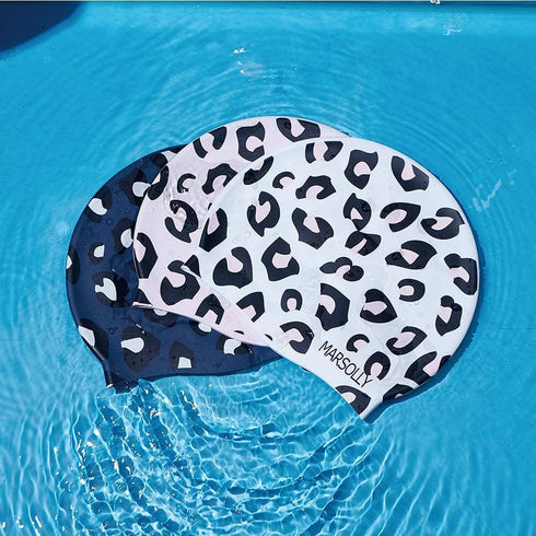 Swim Cap for Women - Silicone Swimming Cap for Long Hair with Leopard Print
