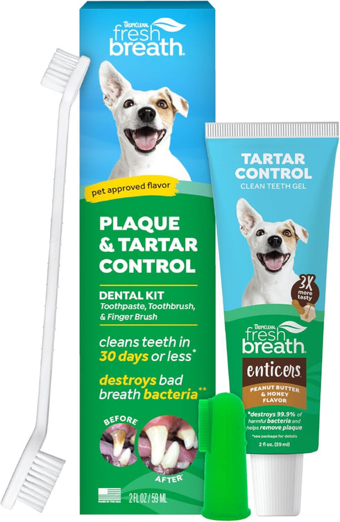 TropiClean Fresh Breath Plaque & Tartar Control Kit | Dog Toothpaste, Toothbrush