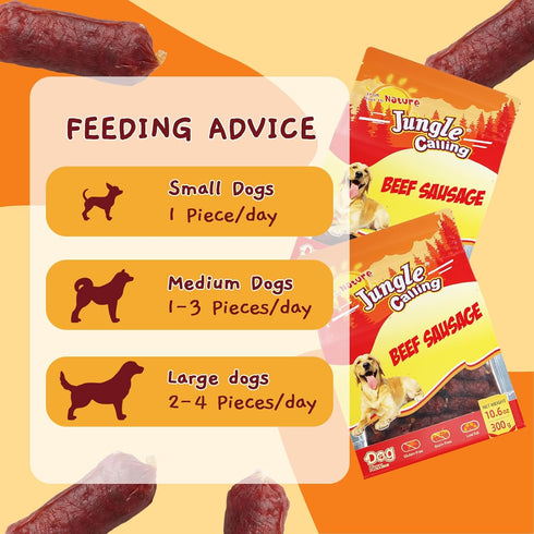 10.6 oz Jungle Calling Soft Beef Sausage Dog Treats, Grain-Free High Protein Tender Beef Jerky, Easy to Chew Training