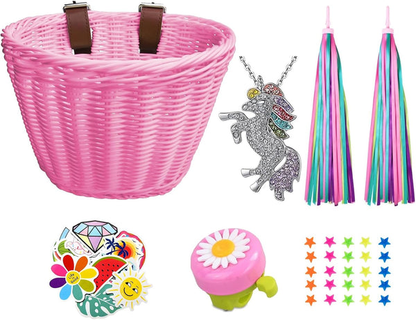 Kids Bike Basket Set, Wicker Handlebar Basket with Unicorn Necklace, Bell, Streamers, Stickers
