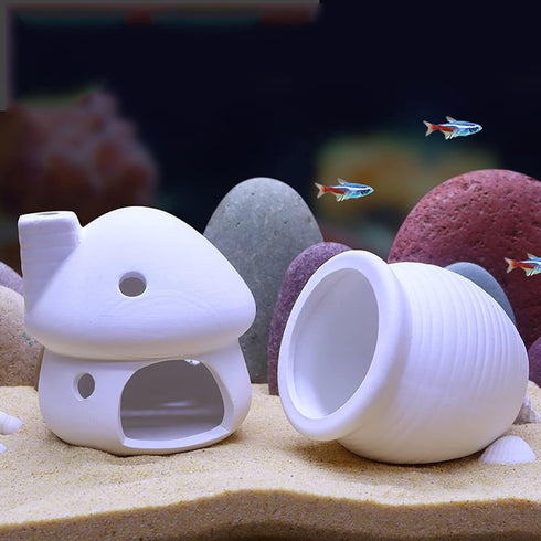 White Cute Ceramic Shrimp Shelter, Betta Fish Tank Decor Jar for Aquarium Landscape