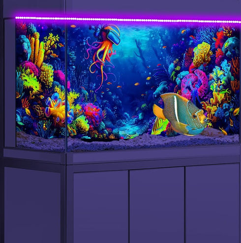 48X20IN Blacklight Ocean HD 3D Black Light Aquarium Background, UV Reactive Octopus Background with Tape