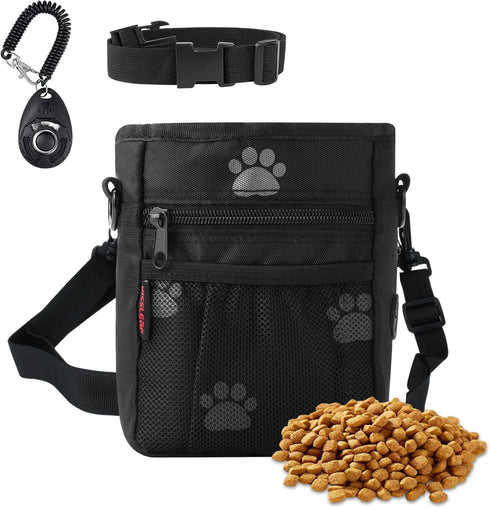 Dog Treat Pouches for Training, Large Pouch with Built-in Poop Bag Dispenser and Dog Clicker - Black Pattern