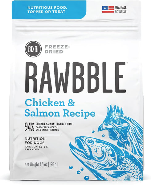 BIXBI Rawbble Freeze Dried Dog Food, Chicken & Salmon Recipe, 4.5 oz - 94% Meat and Organs, No Fillers