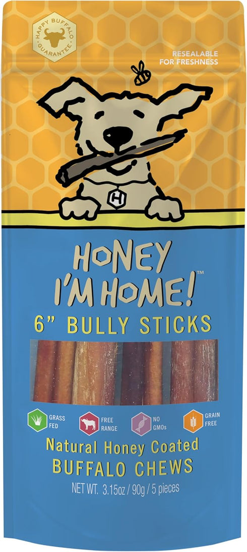 Honey I'm Home Bully Sticks Buffalo Dog Chews, 6 Inches, 5 Pieces, All Natural, Grain Free, Honey Coated