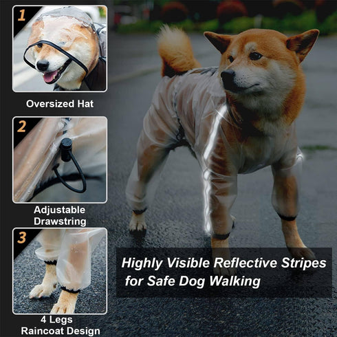 Olsa Dog Hooded Slicker Poncho Raincoat, 4 Legs Rain Jacket with Reflective Stripe, Waterproof for Small Medium Dogs