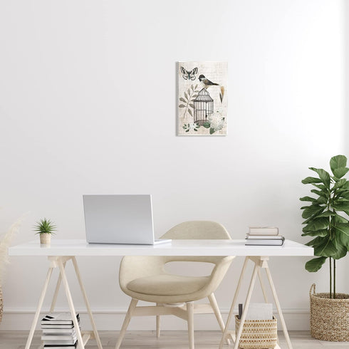 Stupell Industries Botanical Bird Cage Vintage Words Butterfly Motif Wood Wall Art, Design By Nan