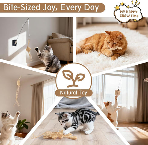 Quatendril Toys-7pcs Cat Chew Toy-Natural Loofah Raffia Catnip Handmade Gum Massage Teether w/ Cat Wand Toy