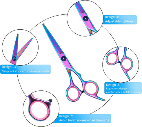 Dog Grooming Scissors Set - Colorful Pet Trimming Scissors Kit, 7 Inch Stainless Steel Shears for Grooming