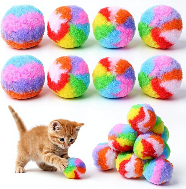 Qulkws 40 Pcs Soft Plush Cat Ball 1.7" Toy Kitty Yarn Puffs Rainbow