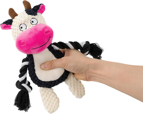 Dog Toy with Rope Arms Dairy Cow, Squeaky Interactive Pet Toy, Purple, for Small & Medium Dogs