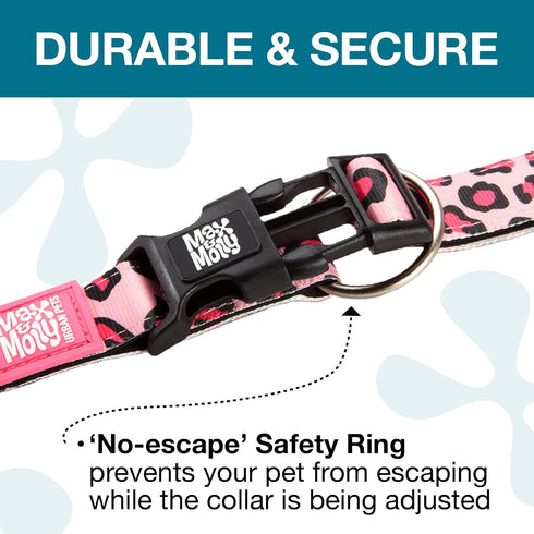 Max & Molly Leopard Pink Dog Collar with Safety QR Code Tag - Soft, Adjustable, Waterproof Collar for Dogs & Puppies
