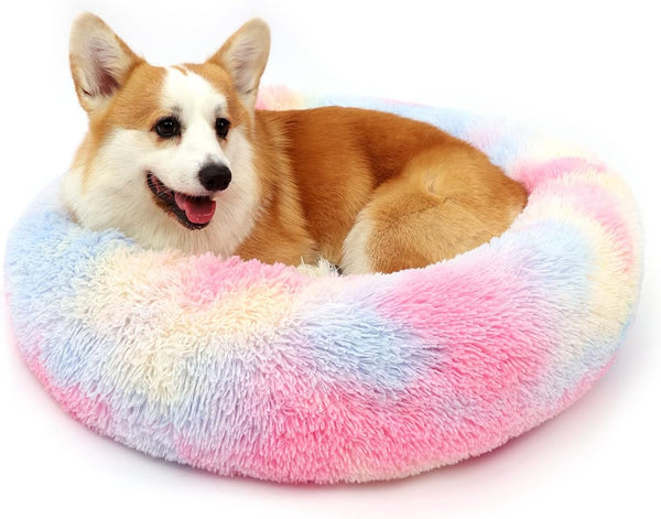 Calming Dog Bed - Round Donut Washable Bed for Small Medium Large Dogs, Anti-Slip Faux Fur Fluffy Cuddler (L 36''x36'',