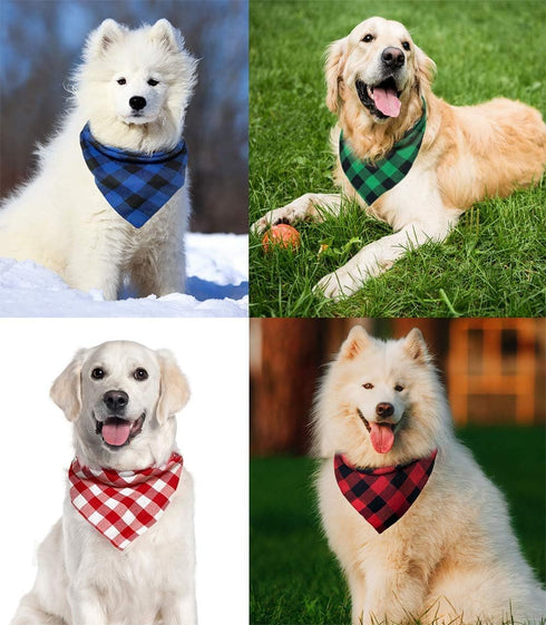 Christmas Plaid Dog Bandana with Button, Fall Dual Layer Scarf, Soft Cotton Triangle Bib for Small Medium Large Extra