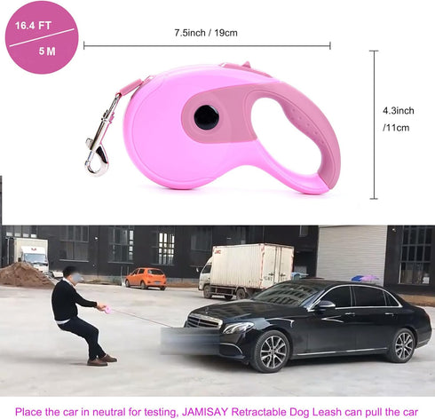 Retractable Dog Leash, 16.4FT for Medium Large Dogs Up to 110lbs, One-Handed Brake, No Tangle Nylon Tape (Pink)