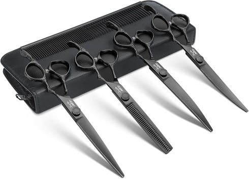 JASON Dog Grooming Scissors Set, Professional 6 in 1 Kit - 6.5" Thinning, 7" Straight, Curved Shears