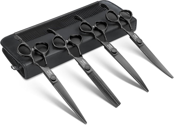 JASON Dog Grooming Scissors Set, Professional 6 in 1 Kit - 6.5" Thinning, 7" Straight, Curved Shears