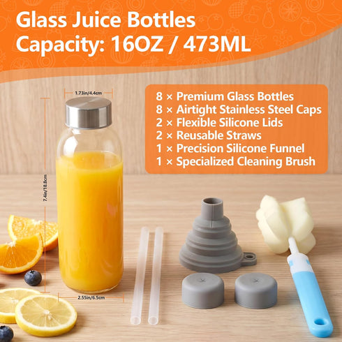 16 oz, 8 Pack 100% Luxfuel Glass Water Bottles with Lids Reusable Juice Bottle with Stainless Steel Cap & Straw, Leak
