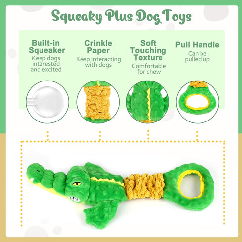 Plush Squeaky Dog Toy with Crinkle Paper and Tug of War Handle for Small Medium Large Dogs