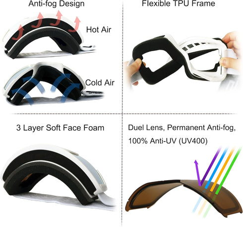 OTG Ski Goggles for Men, Women & Youth, Over Glasses Snowboard Goggles with 100% UV Protection & Anti-glare
