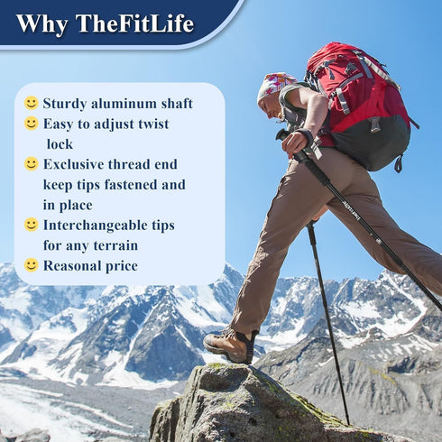 TheFitLife Nordic Walking Trekking Poles, 2 Sticks with Anti-Shock and Quick Lock System for Hiking