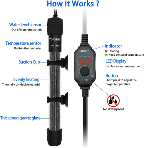 Adjustable Mini Aquarium Heater, 200W Submersible Small Fish Tank Heater with Digital Display
