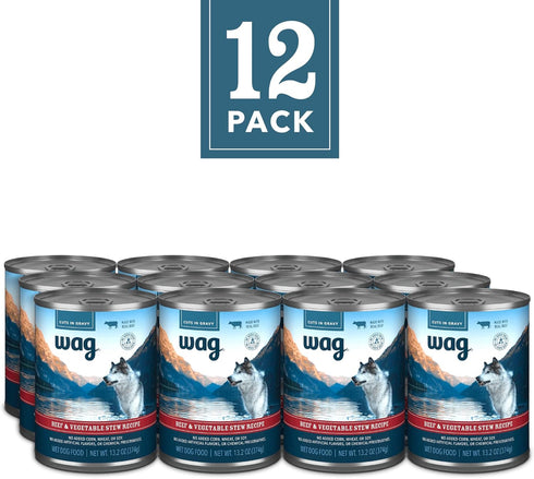 13.2 oz (Pack 12) Amazon Brand - Wag Stew Canned Dog Food, Beef & Vegetable Recipe, Can