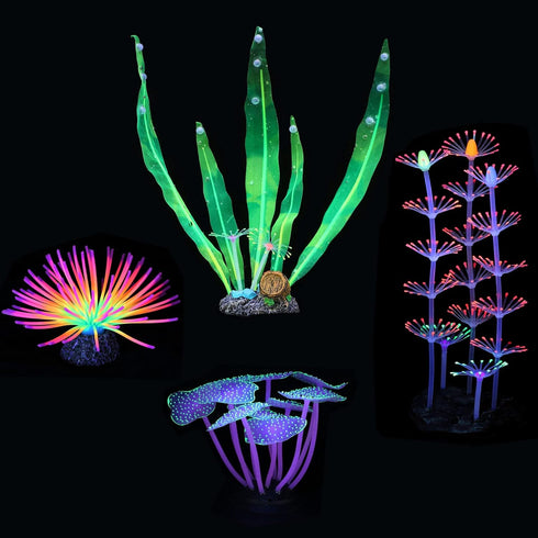Glowing Fish Tank Decorations Plants, 4 pcs Glow Aquarium Decorations, Glowing Mushroom Coral Plant Ornaments (Purple coral, Rainbow sea urchin ball/small, Green kelp, Pink feather coral) by Filhome