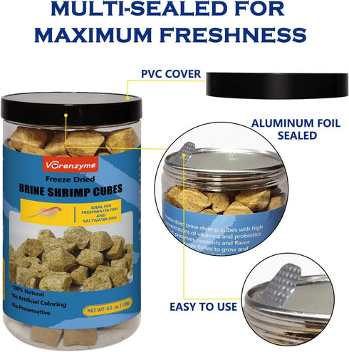 Vorenzyme 100% 4.5oz Freeze Dried Brine Shrimp Cubes Natural HighProtein Fish Food for Tropical, Marine & Freshwater