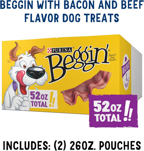 26 oz. Pouches,(Pack 4) Purina Beggin' Strips with Real Meat Dog Treats with Bacon and Beef Flavors