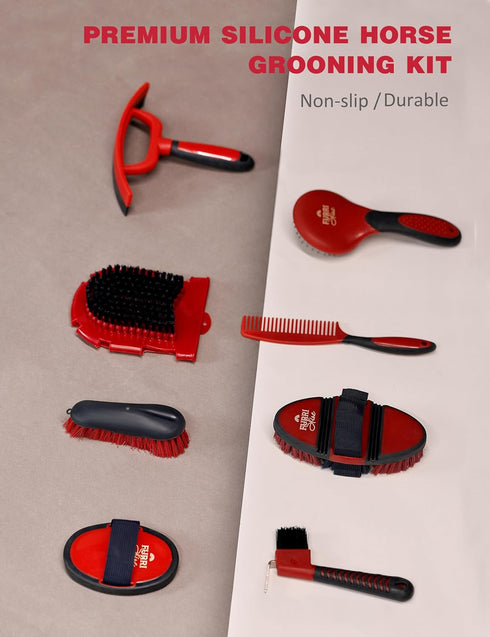 Furrishine 11-Piece Set, Professional Horse Grooming Kit with Waterproof Tote Bag, Non-Slip Silicone Grip Brush Curry