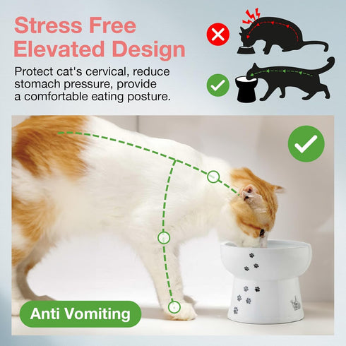 NECOICHI Elevated Ceramic Cat Bowls for Indoor Cats - Raised Cat Food Bowl, Cat Water Bowl, Cute Lifted Cat Dishes for Food, Whisker Friendly, Anti-Spill Feeding for Small Pet, Kitten, 4.1” Paw Style