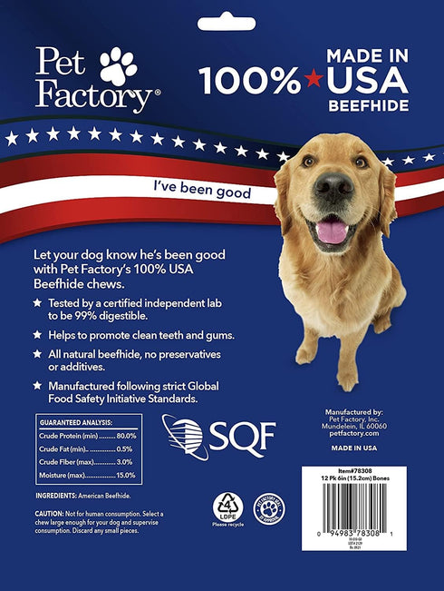 Pet Factory 100% Made in USA Beefhide 6" Knotted Bones Dog Chew Treats - Natural Flavor, 12 Count