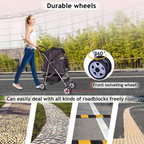 Dkeli 4 Wheel Pet Stroller Cat Dog Cage Stroller Travel Folding Carrier with Cup Holder and Removable Lining for Small