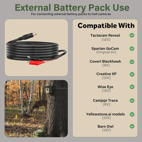 KSK 98-Inch Chew-Resistant Power Cord for Trail Cameras with Alligator Clips