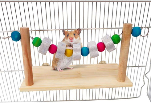 Hamster Wood Ledge Platform with Lava Stone Block Chew Toys, Wooden Shelf for Chinchilla, Guinea Pig, Gerbil