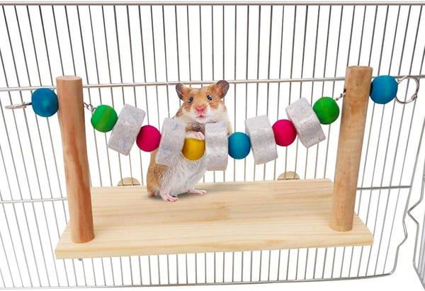 Hamster Wood Ledge Platform with Lava Stone Block Chew Toys, Wooden Shelf for Chinchilla, Guinea Pig, Gerbil