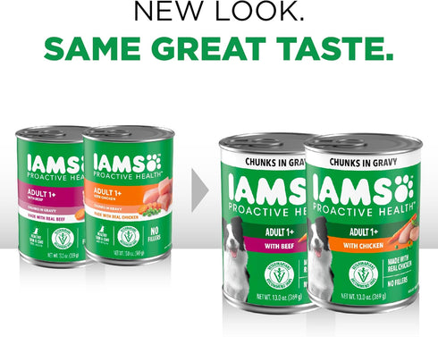 13 oz. Pack 12 IAMS Proactive Health Wet Dog Food Adult, Canned Dog Food, Chicken Chunks in Gravy and Beef Chunks
