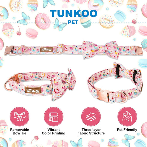 Pink Dog Collar with Bow Tie, Cute Cake Design, Durable and Adjustable, Available in Small Medium Large