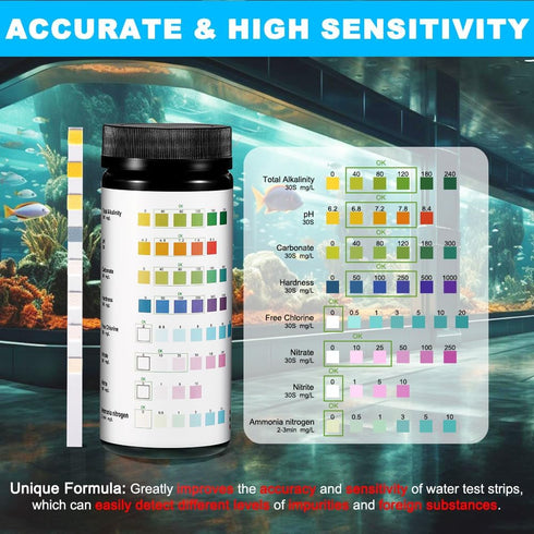 8 in 1 Aquarium Test Kit - Accurate Water Quality Testing Strips for Fish Tank (100 Strips)