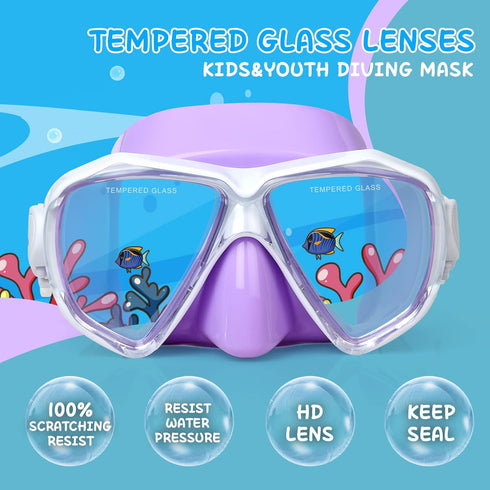 Kids Diving Mask, 180° Anti-Fog Swim Mask with Tempered Glass and Nose Cover for Diving and Snorkeling