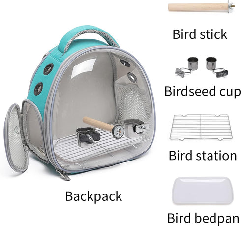 Bird Carrier Cage, Pet Travel Carrier Backpack, Green, with Standing Perch and Food Bowl