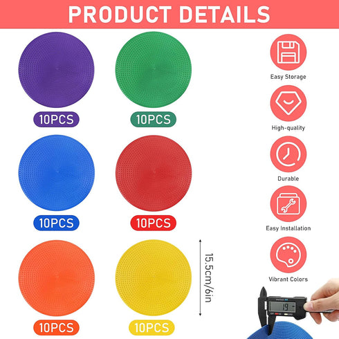 KisSealed 60 Pack Bag,6 Inch Poly Spot Markers with Non-Slip Rubber Floor Dots for PE Gym Classes, Classroom Games