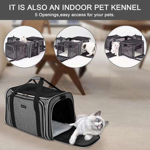 BAGLHER Cat Carrier Bag - Airline Approved Soft Side Pet Travel Carrier with 5 Open Doors, 3 Expandable Sides, Fleece